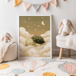 Print on a wall of a sleeping turtle in beige and green tones with stars and moon in a child's room with toys