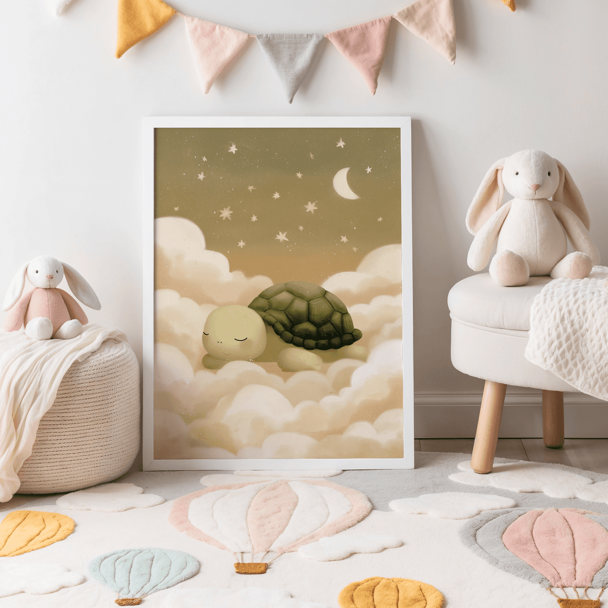 Print on a wall of a sleeping turtle in beige and green tones with stars and moon in a child's room with toys
