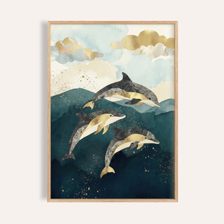 Framed Dolphins Poster with three watercolour dolphins in blue and gold tones