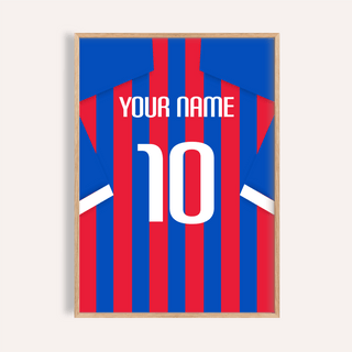 Framed print of a football shirt poster in blue and red stripes with the number 10 and Your Name text