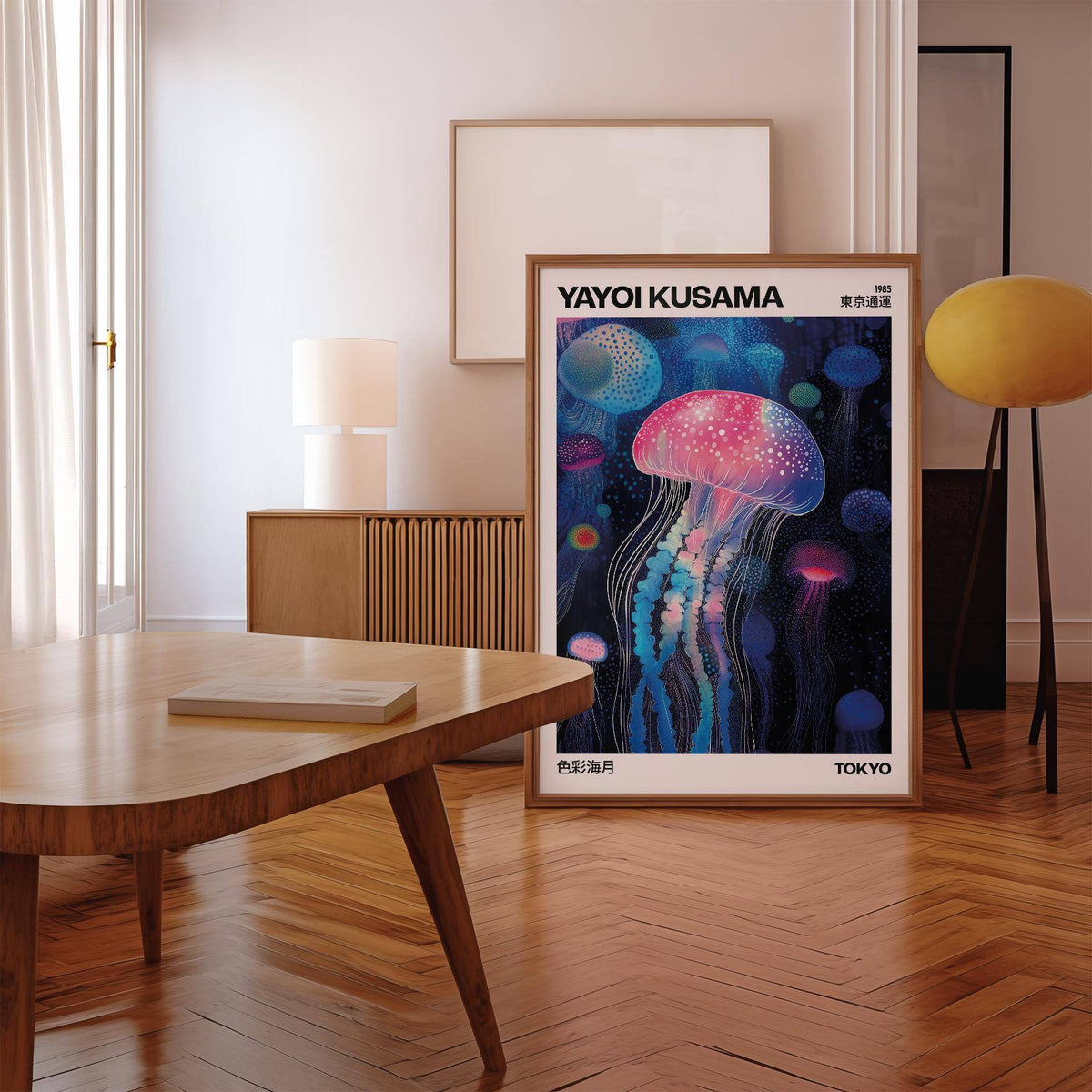 Jelly Fish wall art leaning against a wall showing glowing jellyfish in pink and blue with wooden frame in a room