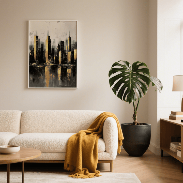 Gold and black skyline poster on a beige wall above a white sofa with a mustard throw and beside a large plant