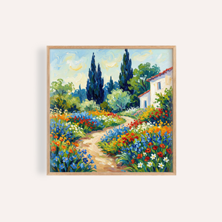 Framed Vibrant Flower Art Print of a garden pathway with colourful flowers in watercolour style