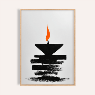 Framed Diwali Diya Lamp print showing an abstract oil lamp in black with an orange flame