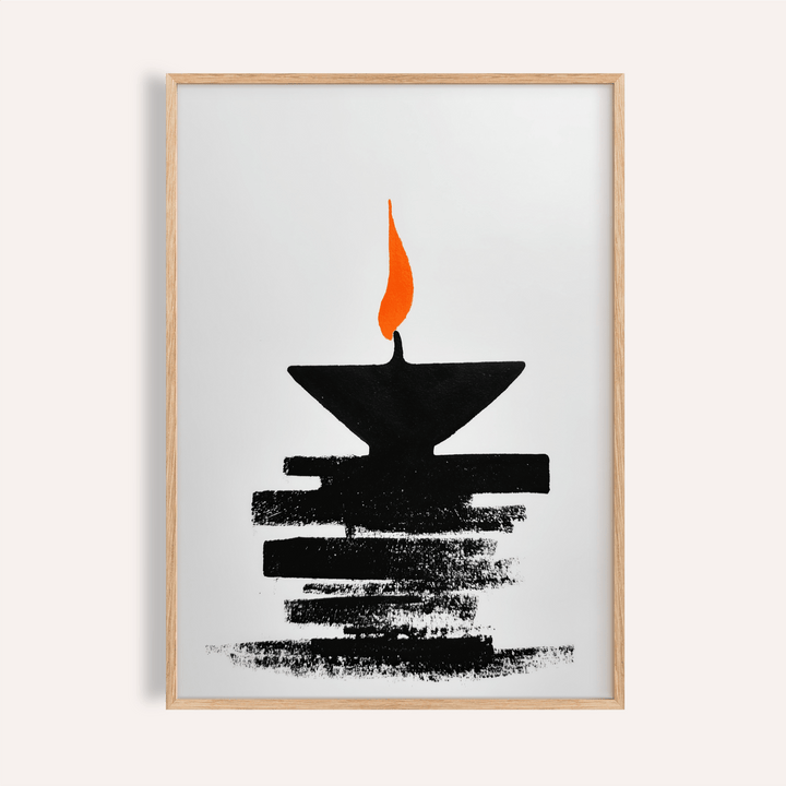 Framed Diwali Diya Lamp print showing an abstract oil lamp in black with an orange flame