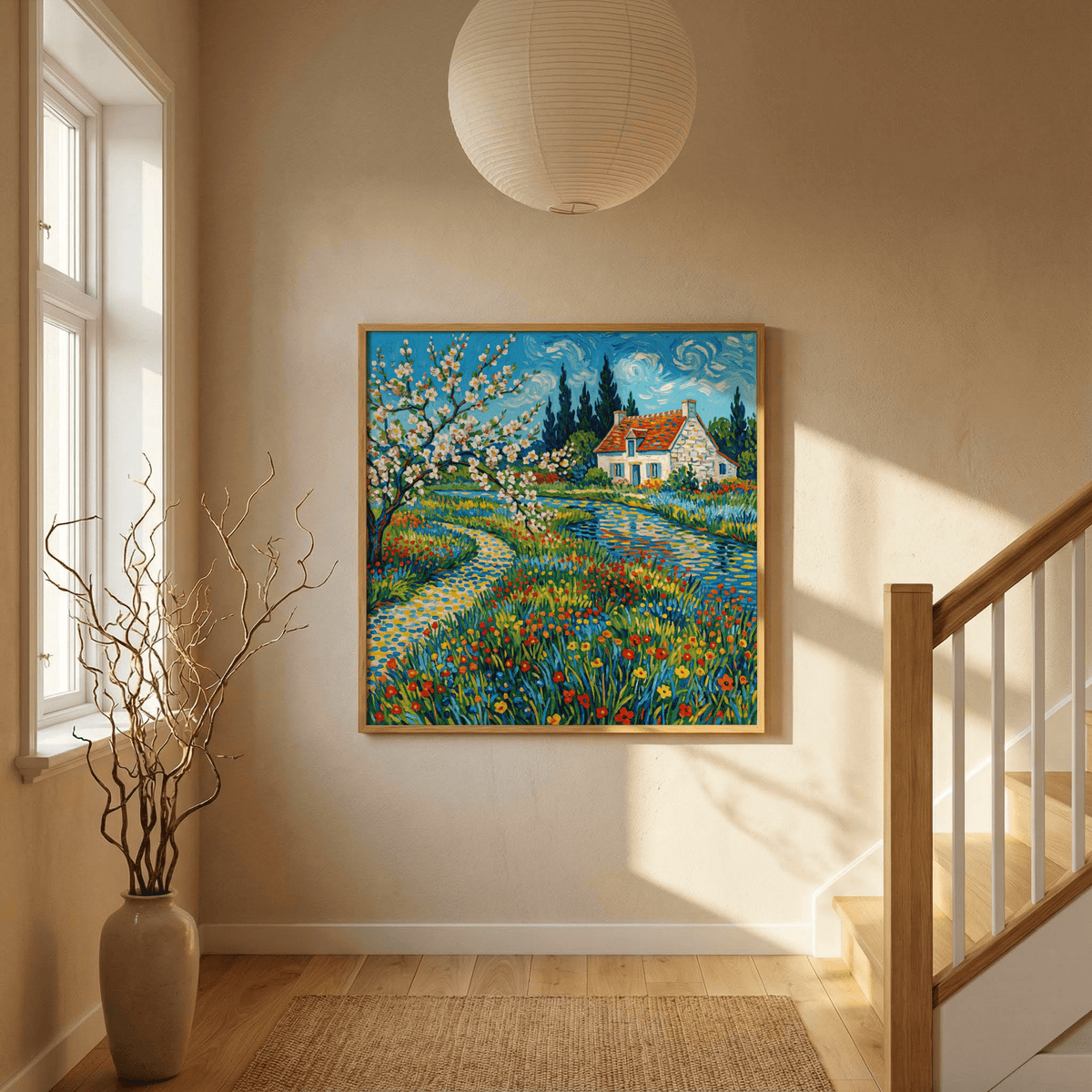 Impressionist Garden Poster print of a flowing flowering garden path with a bright blue sky in a hallway
