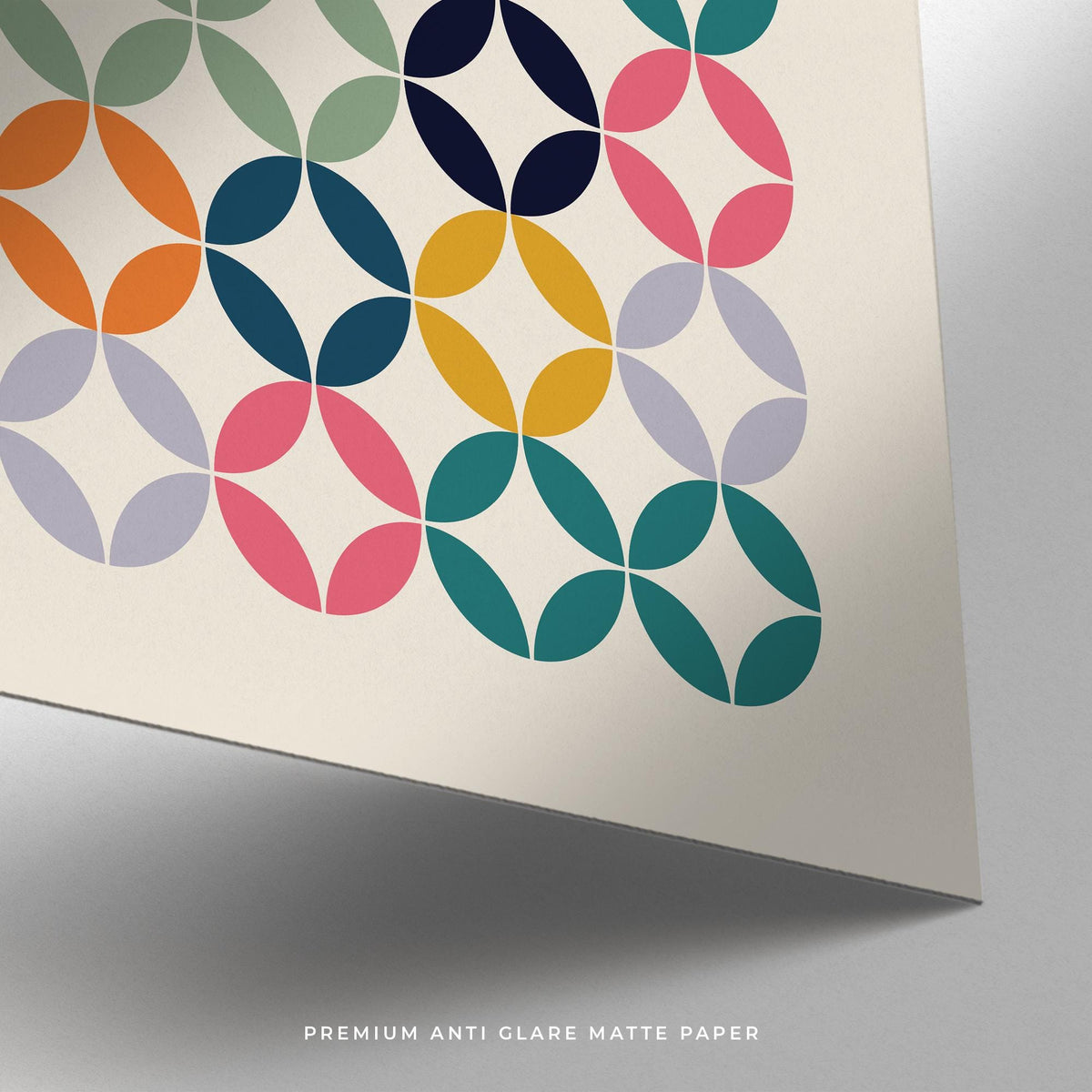 Close-up of Colorful Wall Art Office showing a retro colour grid pattern on matte paper