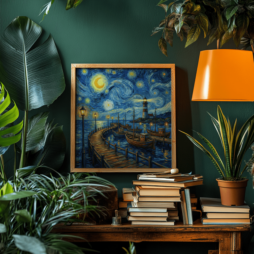 Van Gogh Poster framed print of a lighthouse pier at night in blues and yellows with a stack of books nearby