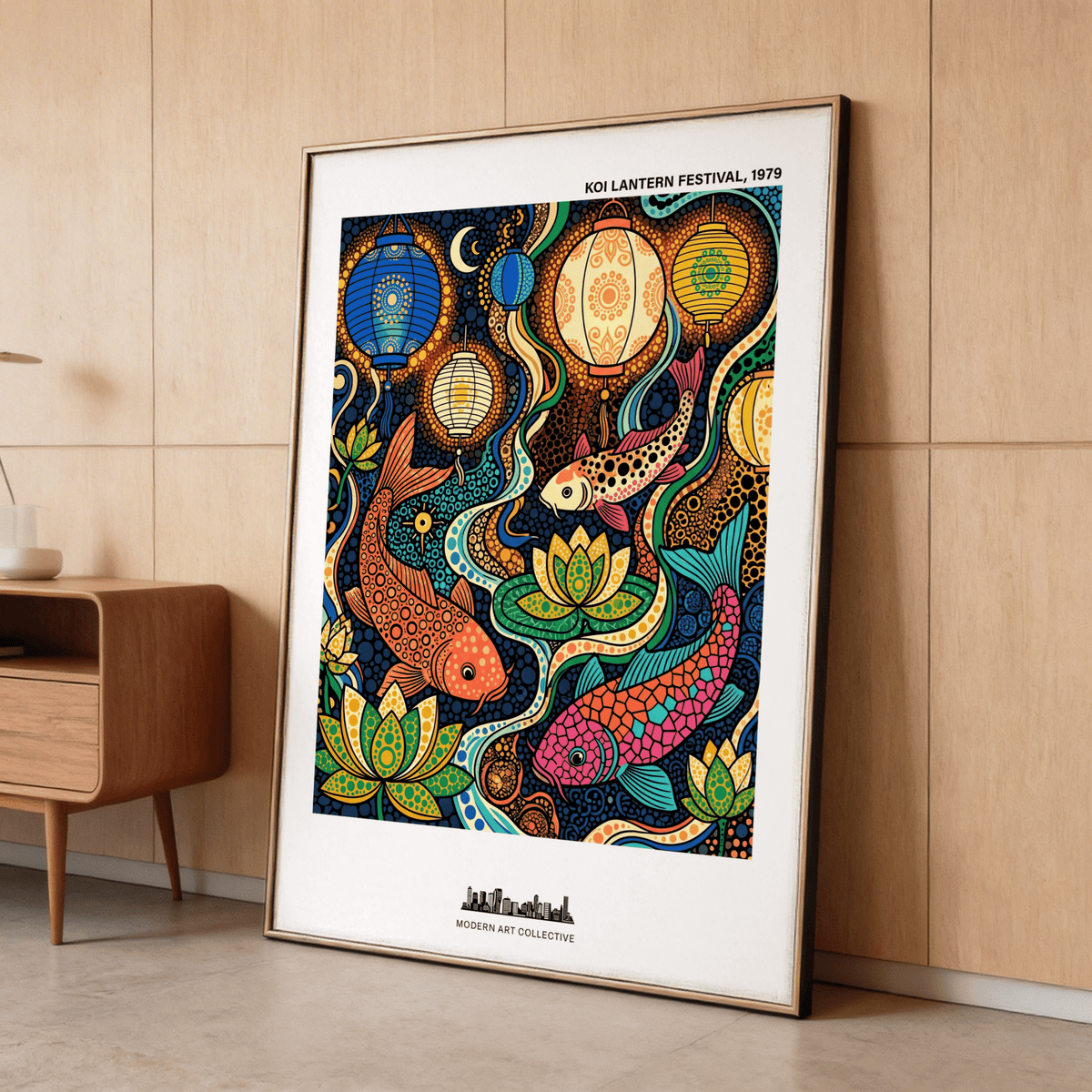 Colorful Koi Fish poster leaning against a wooden wall near a small cabinet