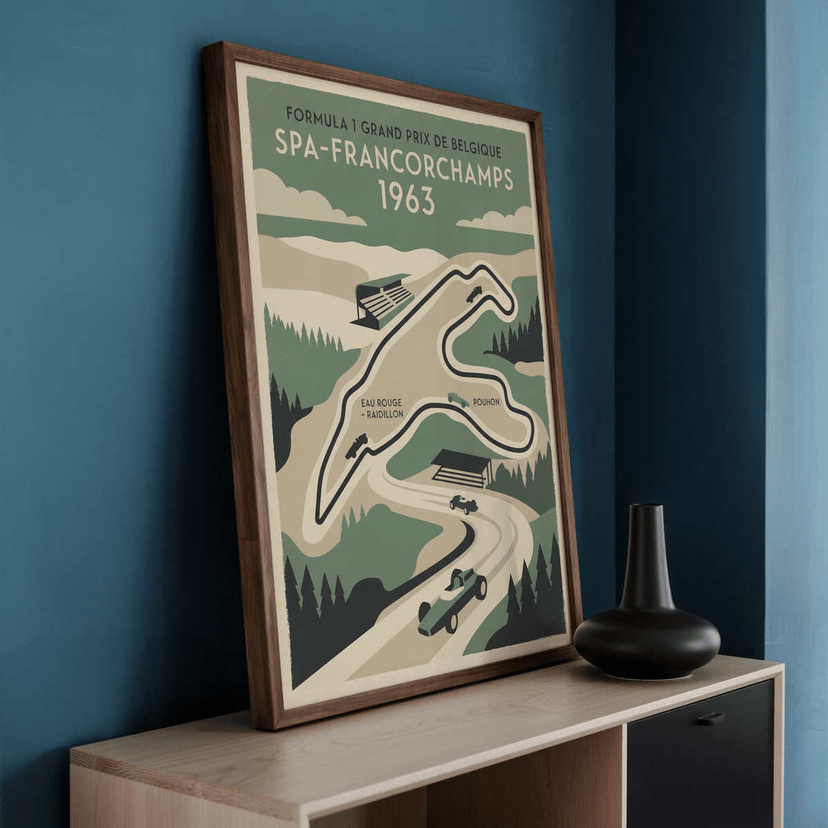 Belgian Race Circuit Map Poster leaning on a shelf with a black vase nearby