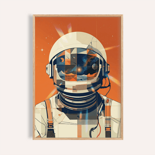 Framed astronaut poster with abstract helmet showing space scene on orange background