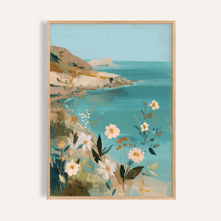 Floral Coast Print framed print close-up showing coastal flowers in pink and white with blue sea background
