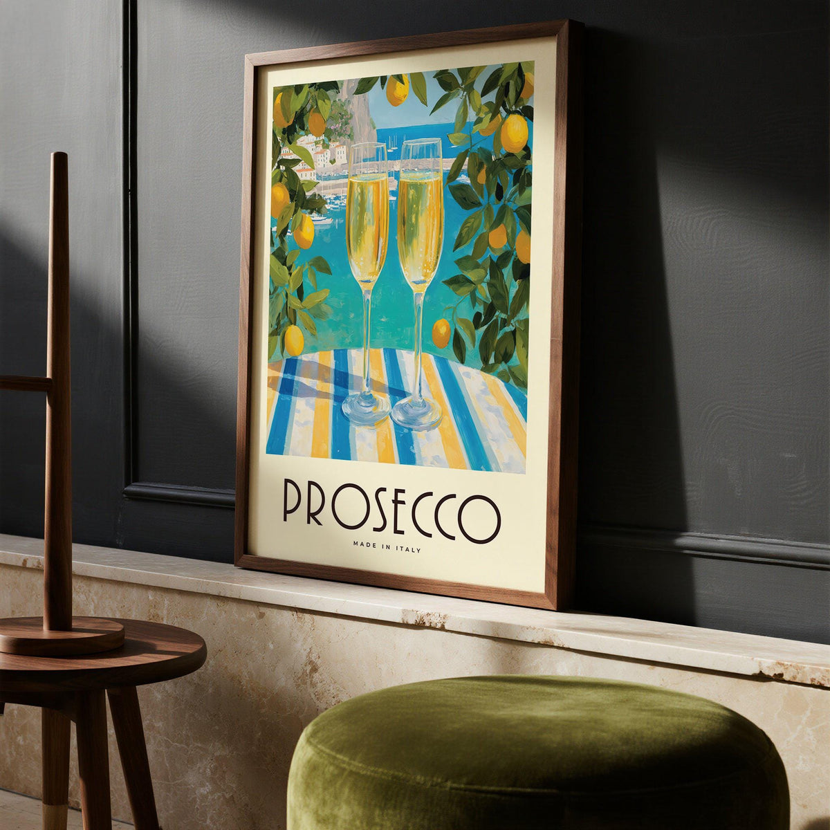 Vintage Italian Poster with champagne flutes and ocean background