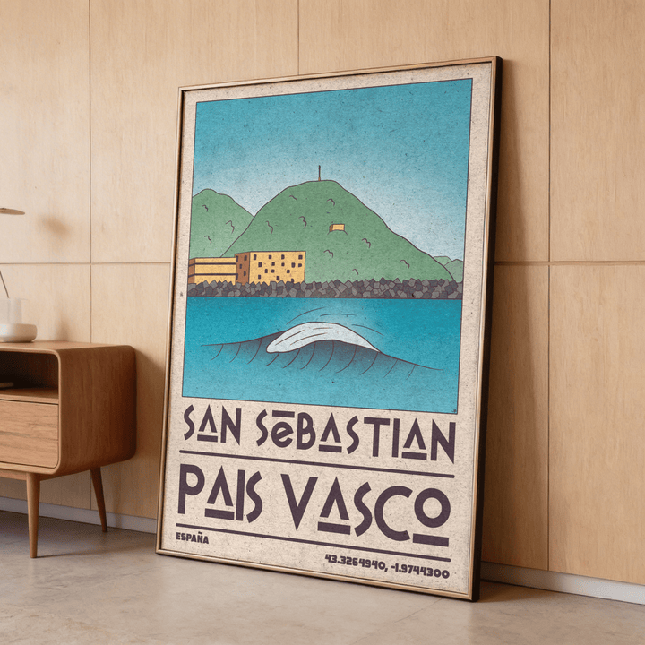 Print leaning on floor showing Pais Vasco print of a minimalist breaking wave with green hills and blue sea