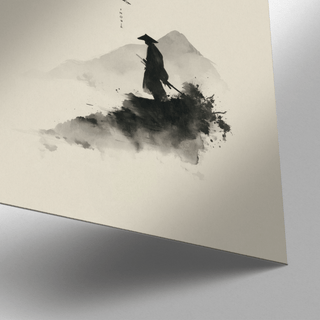 Detail close-up of samurai wall art with black Japanese ink style on cream background