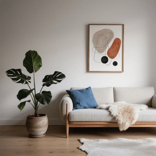Abstract Shapes Art Print above a light beige sofa with blue cushion and large green plant