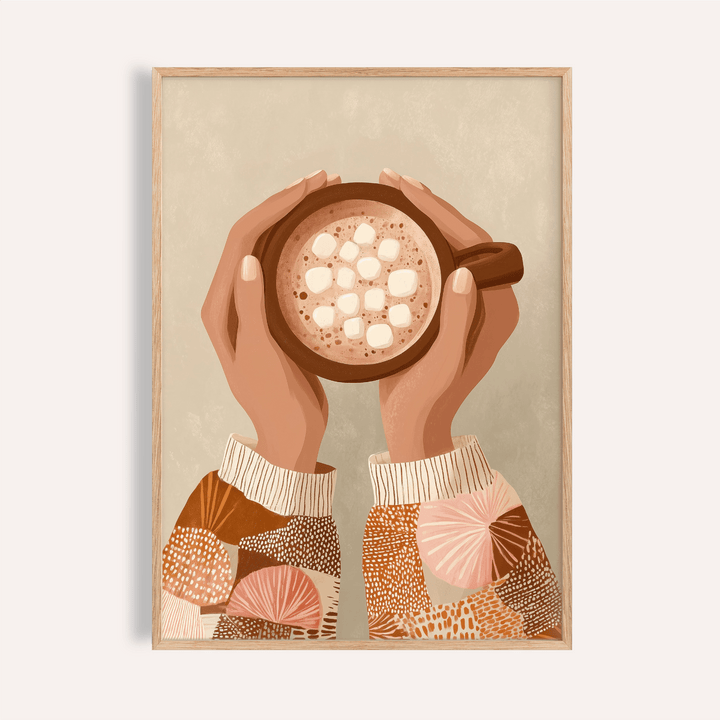Cute coffee art print of hands holding a hot chocolate with marshmallows and patterned sleeves