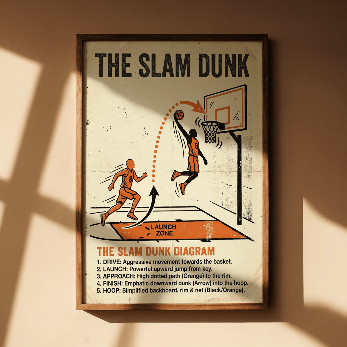Framed slam dunk diagram art with black and orange illustration and typographic style in sunlight