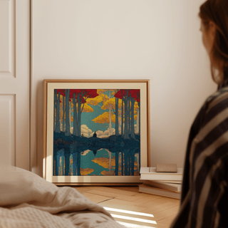 Hasui Kawase Serene Nature wall art leaning on a floor with a book beside it in soft natural light