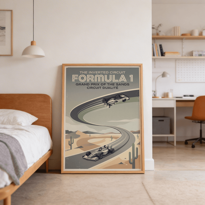 Illustrated racing poster showing an inverted track, desert hills, and two cars in a graphic layout