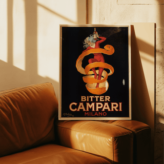 Vintage Bitter Aperitif Poster framed close-up of woman with orange peel and bottle on a dark background