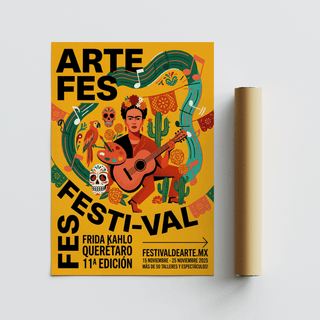 Frida Kahlo art print of a woman playing guitar with folk-art style and vibrant yellow background alongside a packaging tube