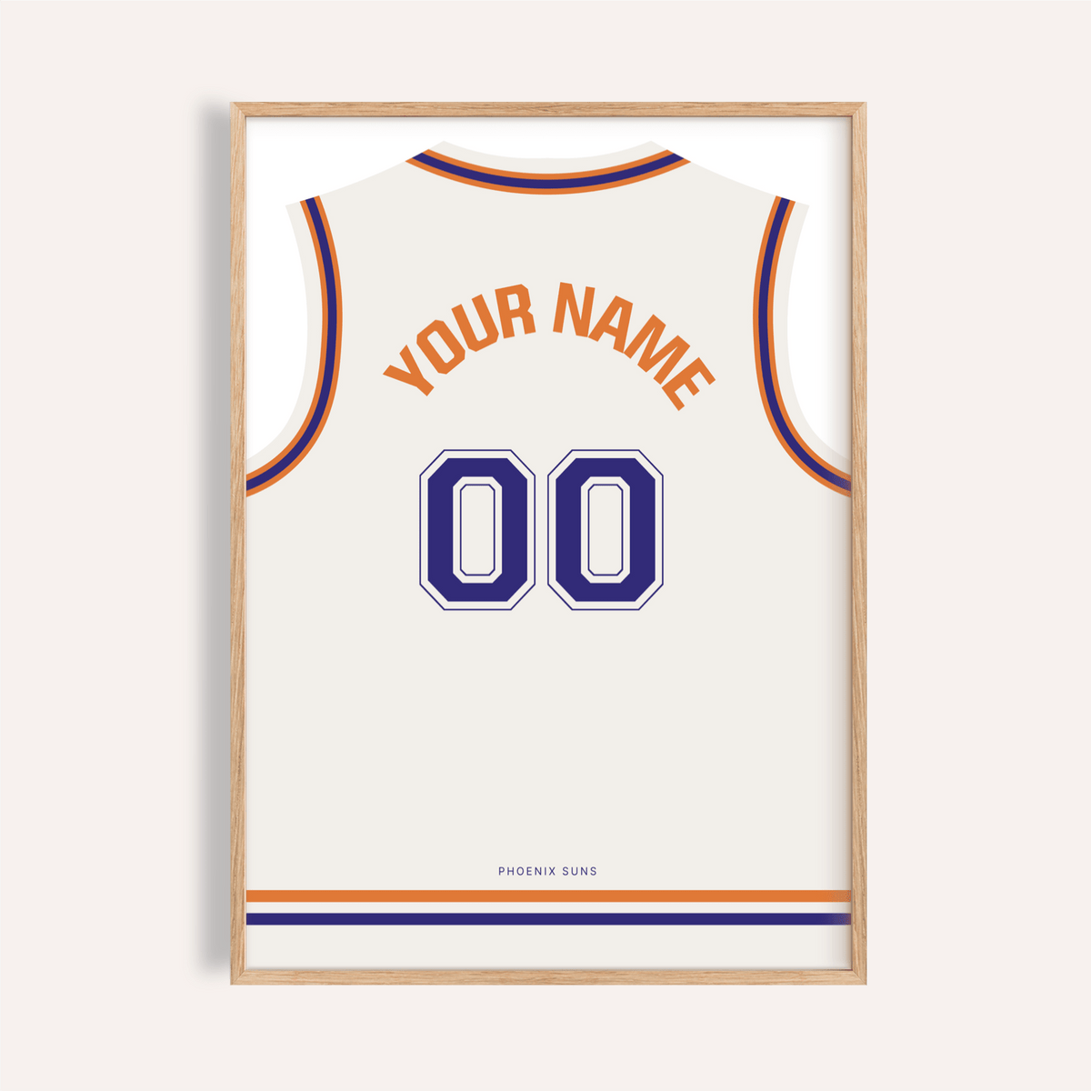 Framed Basketball Jersey Poster in White with Purple Number with orange and navy details on a pale wall