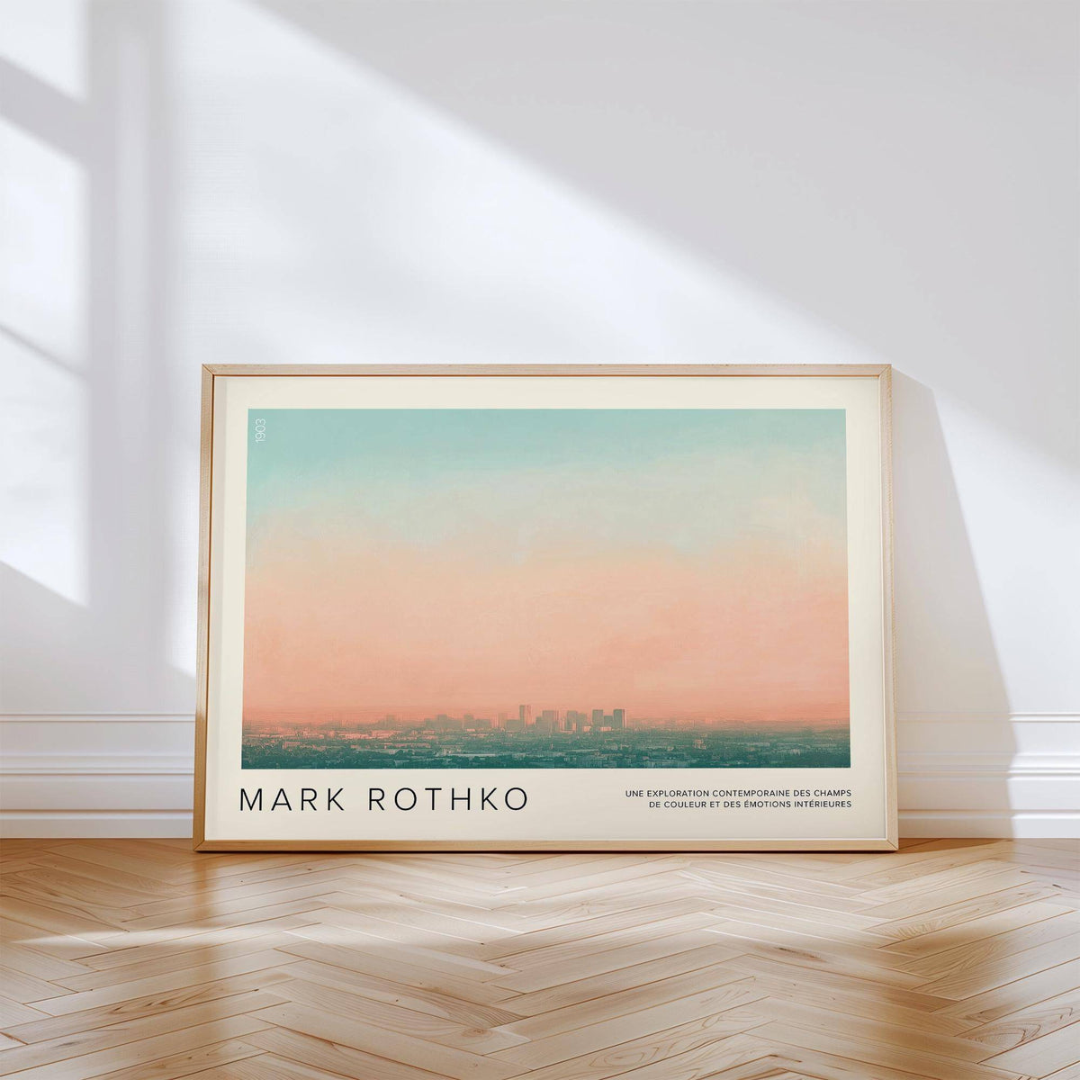 Framed Skyline wall pictures with a city skyline in soft pastel colours leaning against a white wall