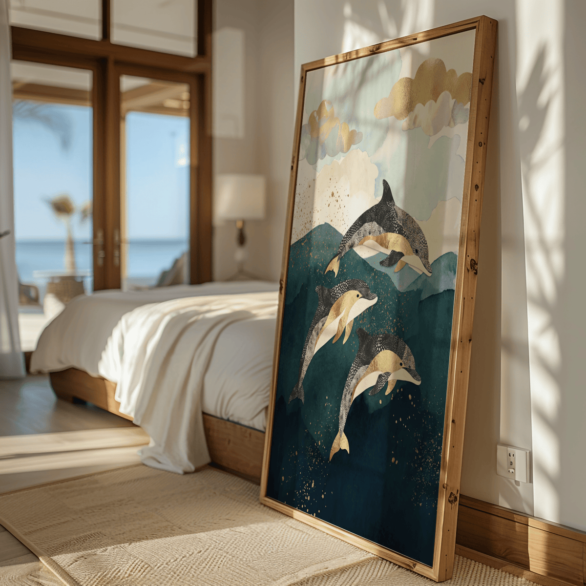 Print leaning on a floor of a Dolphins Poster with three illustrated dolphins in blue and gold tones in a sunlit bedroom