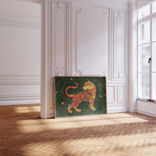 Print leaning on the floor showing an illustration of a golden tiger with red stripes in a bright room
