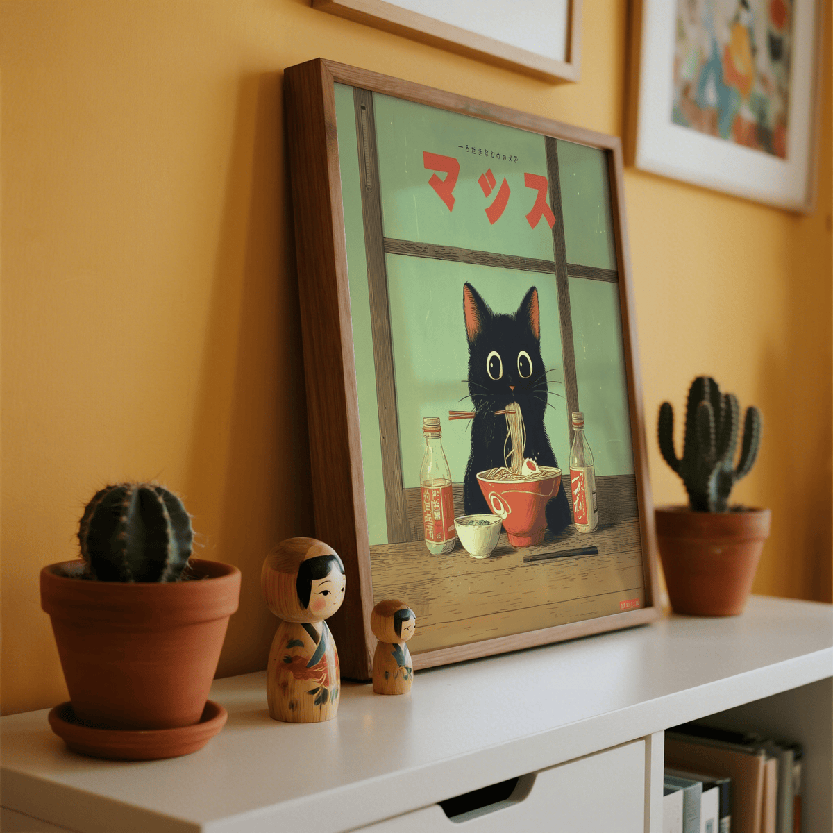 Framed Ramen Cat Art print of a black cat eating ramen with red and green tones on a white shelf with a cactus