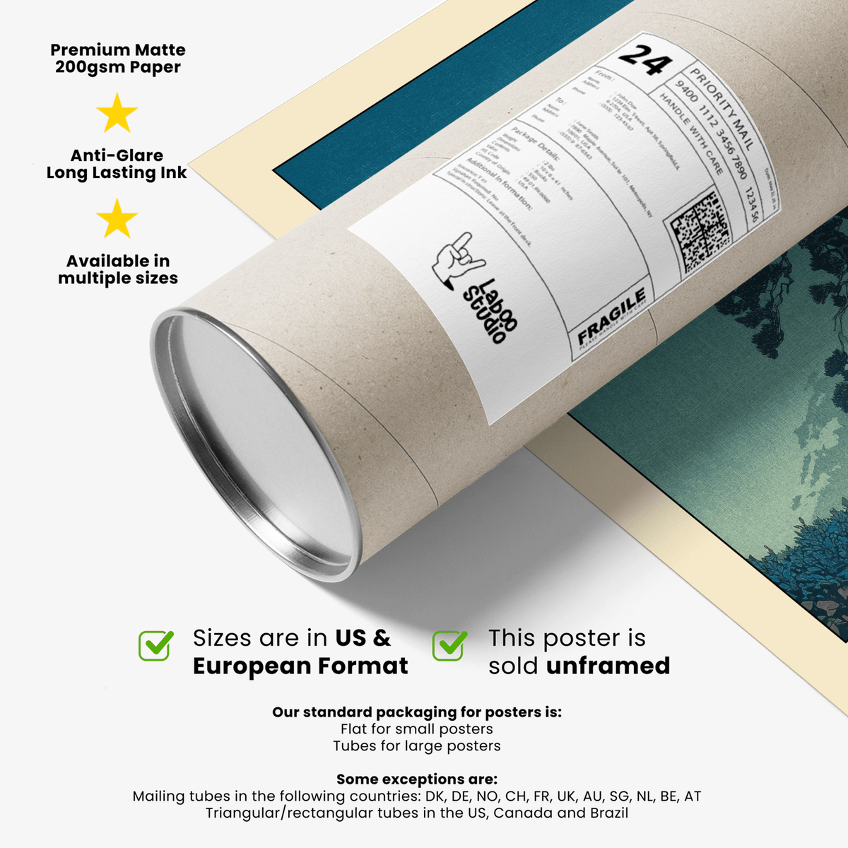 Packaging tube and rolled up Tsuki no Matsu print with beige and teal paper accents