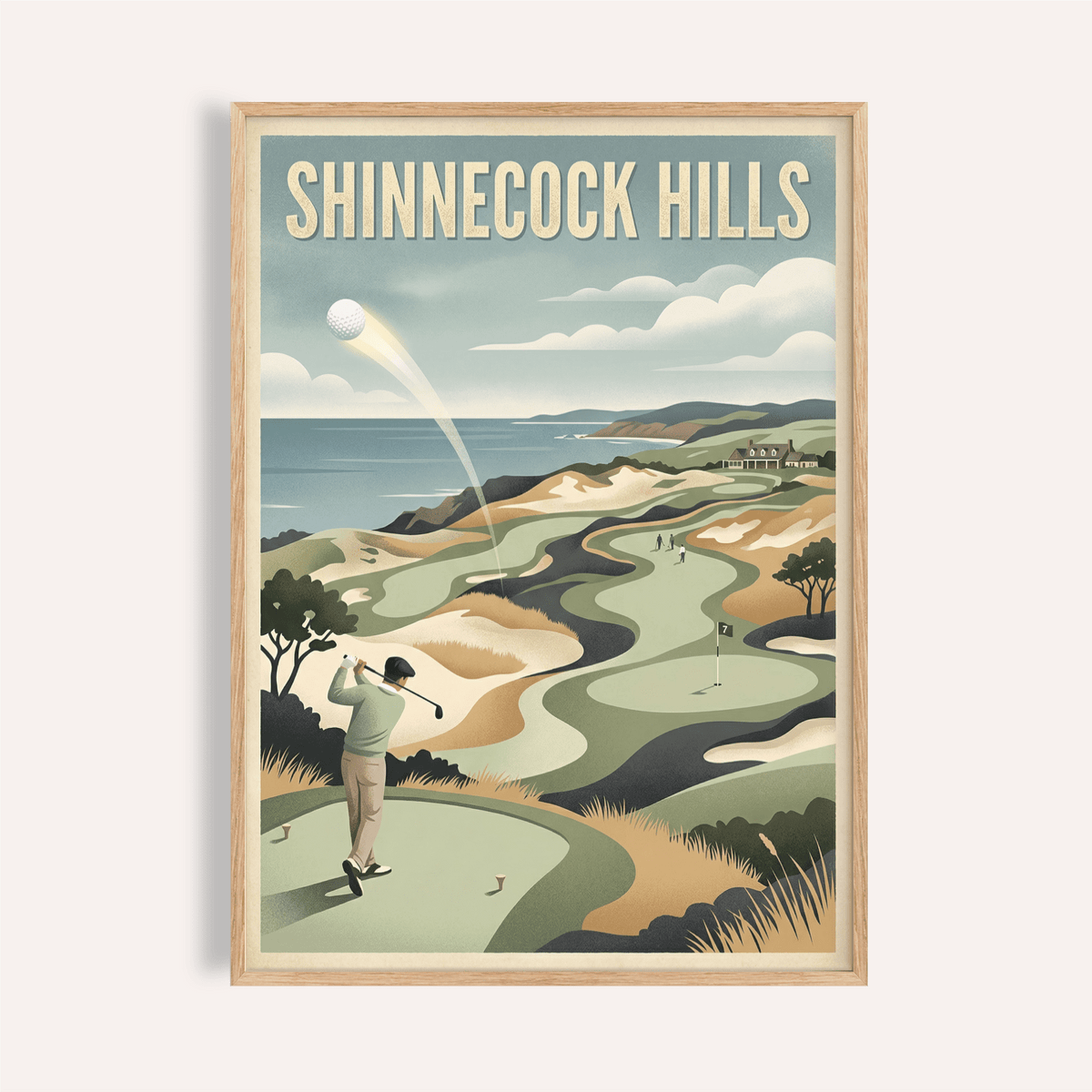 Framed print of Long Island Golf Art Print showing a golfer teeing off with sea and hills in retro colours