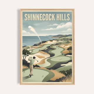 Framed print of Long Island Golf Art Print showing a golfer teeing off with sea and hills in retro colours