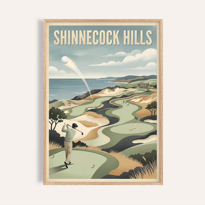 Framed print of Long Island Golf Art Print showing a golfer teeing off with sea and hills in retro colours