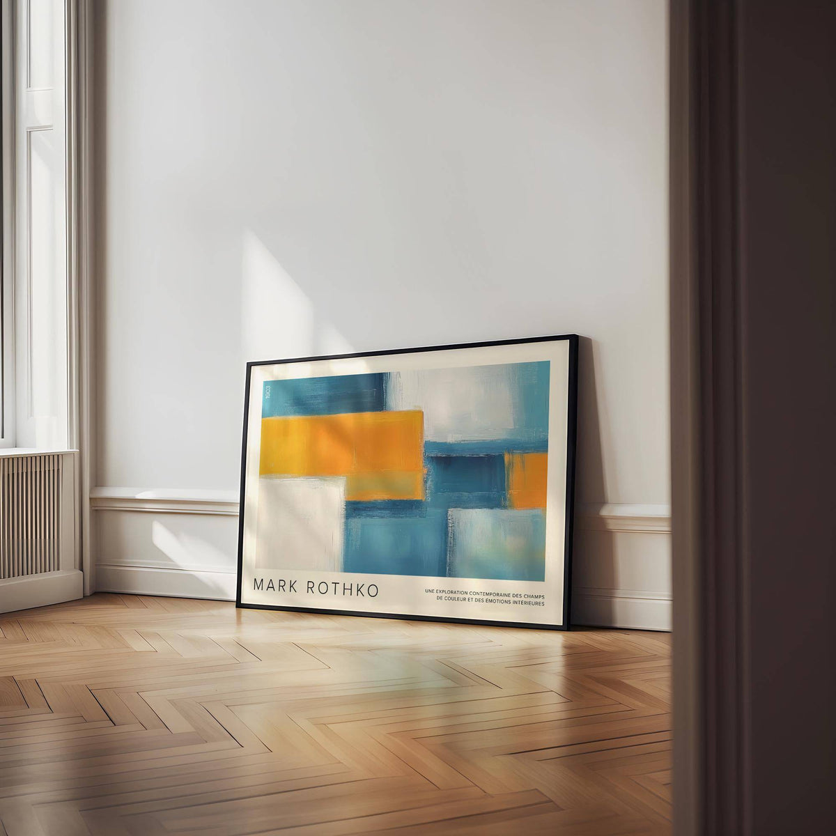 Wide Wall Art leaning on floor with abstract geometric blocks in blue and orange by a window