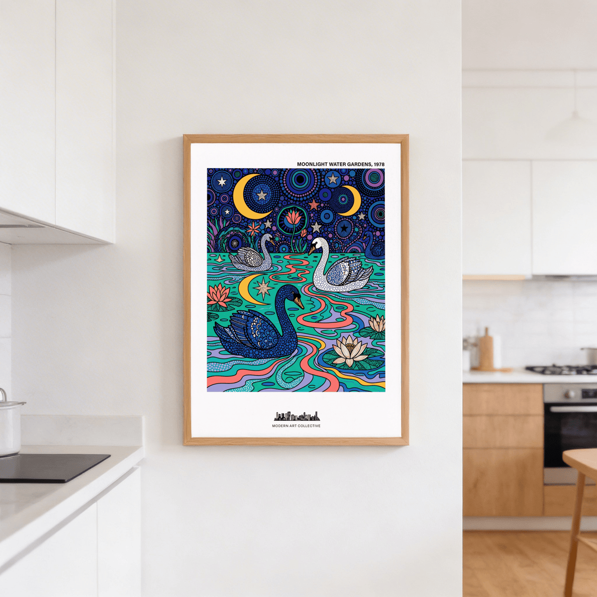 Swan art print of colourful abstract swans in a water garden hanging in a kitchen