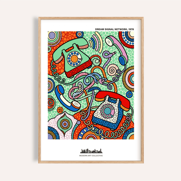 Framed print of vintage rotary telephones in bright pop-art colours with abstract swirls