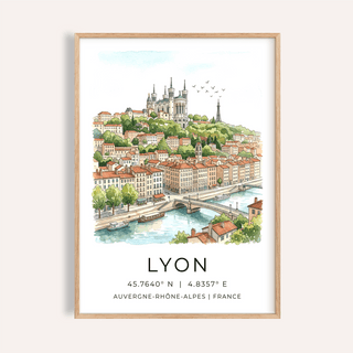 Framed Lyon City Art Print with watercolour illustration of cityscape and river in pale colours