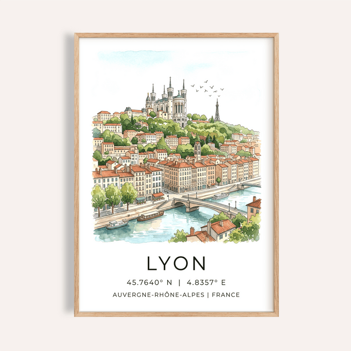 Framed Lyon City Art Print with watercolour illustration of cityscape and river in pale colours