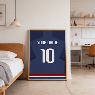 Football Shirt Poster in Navy Blue with White Number leaning against a bedroom wall near a wooden bed