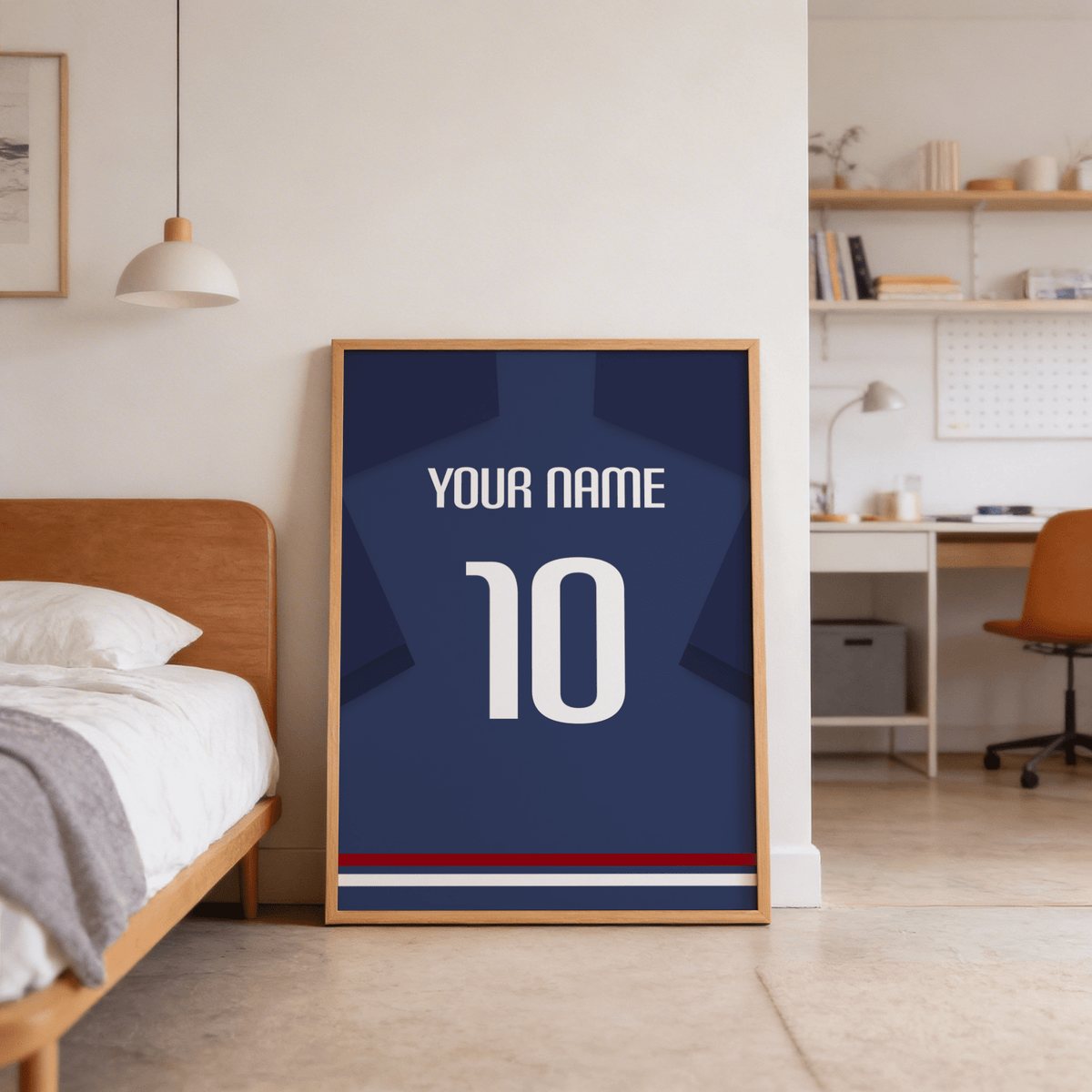 Football Shirt Poster in Navy Blue with White Number leaning against a bedroom wall near a wooden bed