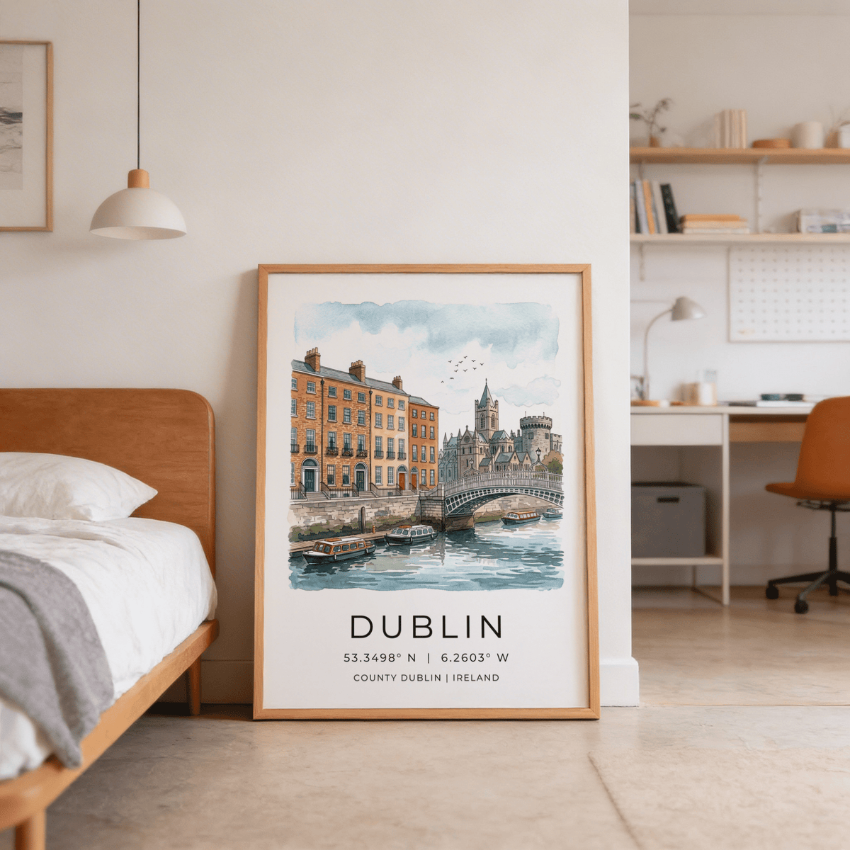 Print leaning on a shelf of Dublin City Art Print with boats and buildings in soft watercolour tones in a bedroom