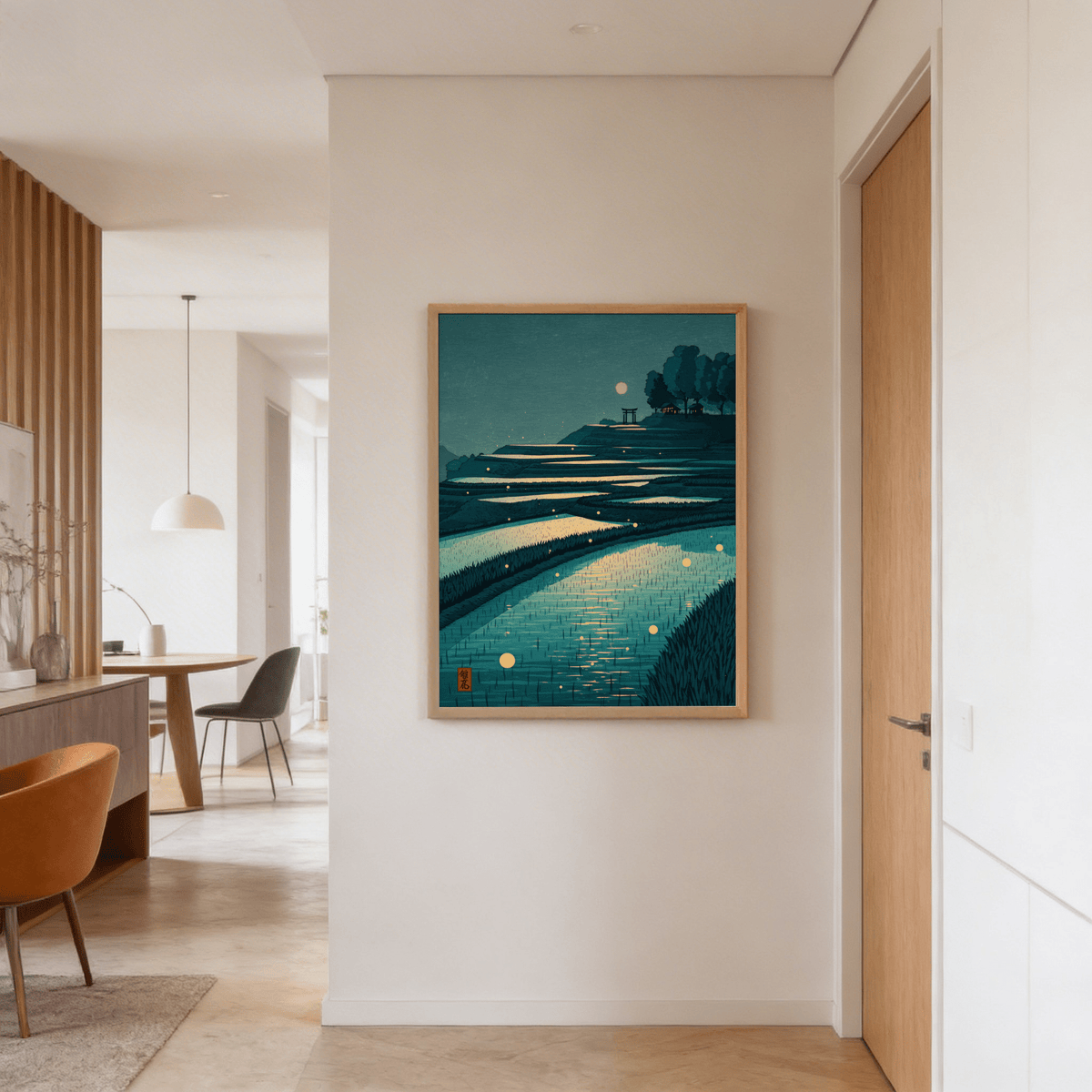 Tranquil Rice Field Poster print on a wall in a hallway with terraced rice fields under moonlight in muted blue and teal tones