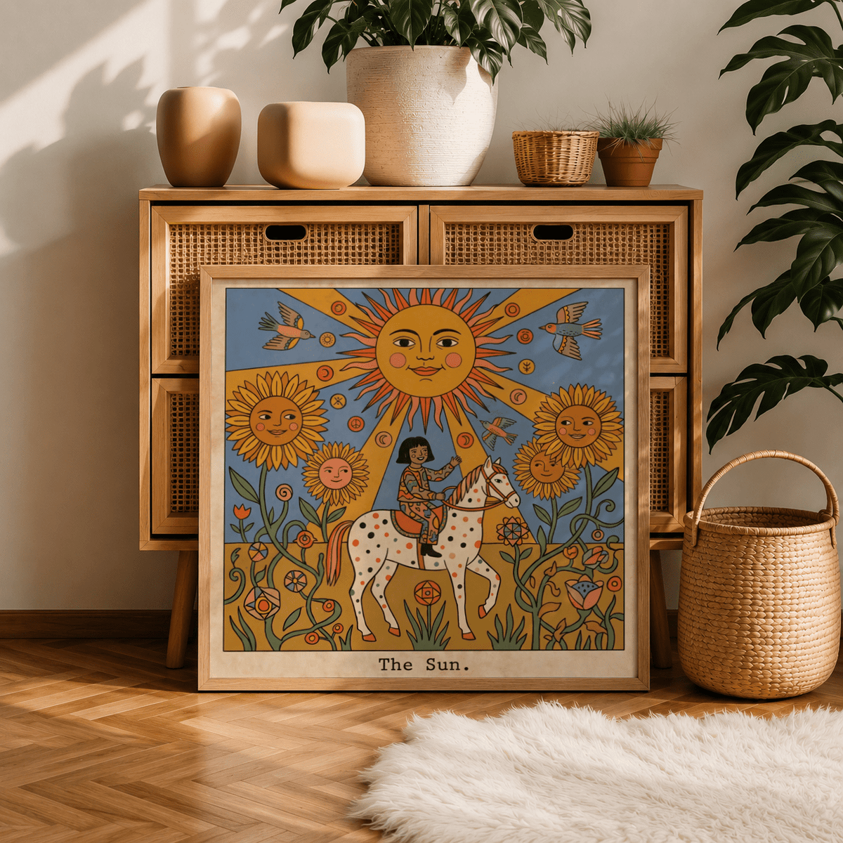 Framed print of The Sun Tarot Card Art with a child on a spotted horse and bright sunflowers leaning on a wooden cabinet