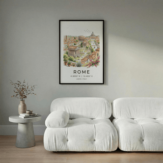 Framed Rome Skyline wall art of an illustrated cityscape with soft watercolour tones above a white sofa