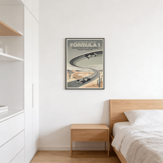 Stylized motorsports wall art poster with bold racing type, curving road, and minimal desert scenery