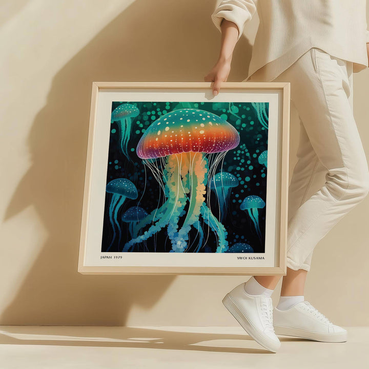 Art Unique Wall framed print of a rainbow jellyfish with bright colours held by a person in light clothes