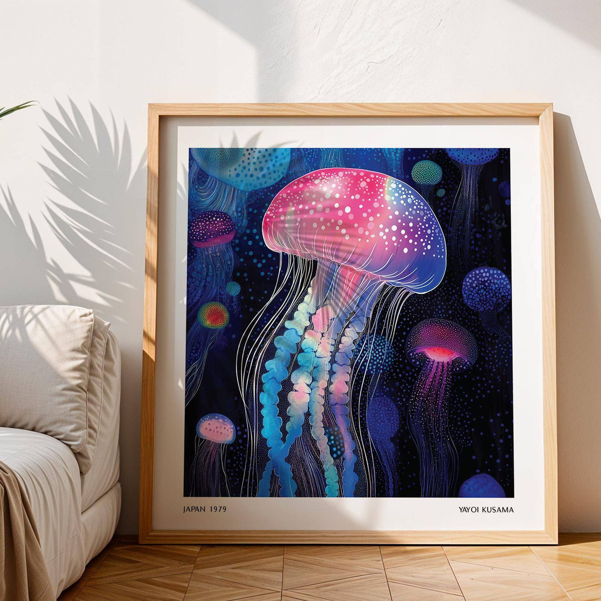 Print leaning on floor of a glowing jellyfish illustration in blues and pinks beside a beige sofa