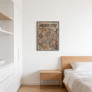 Print on a wall in a bedroom Mexico City map illustration in earthy colours above a wooden bedside table